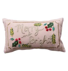 Lumbar Pillow with Merry and Bright Hand-Embroidery