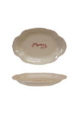 Stoneware Scalloped Platter with Embossed "Merry"