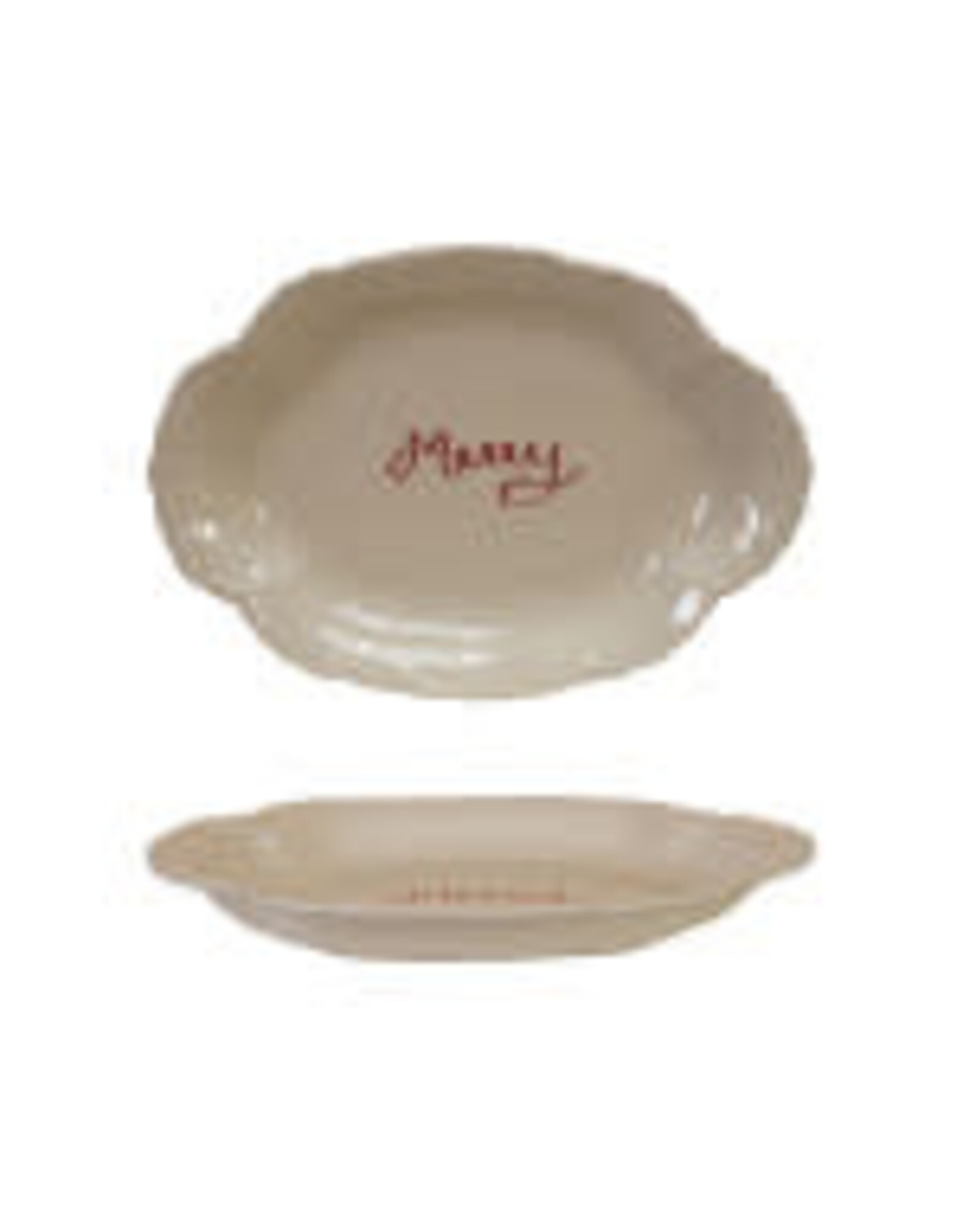 Stoneware Scalloped Platter with Embossed "Merry"