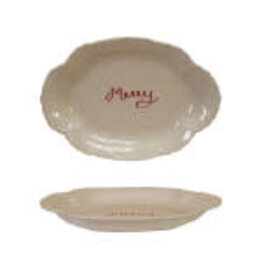 Stoneware Scalloped Platter with Embossed "Merry"