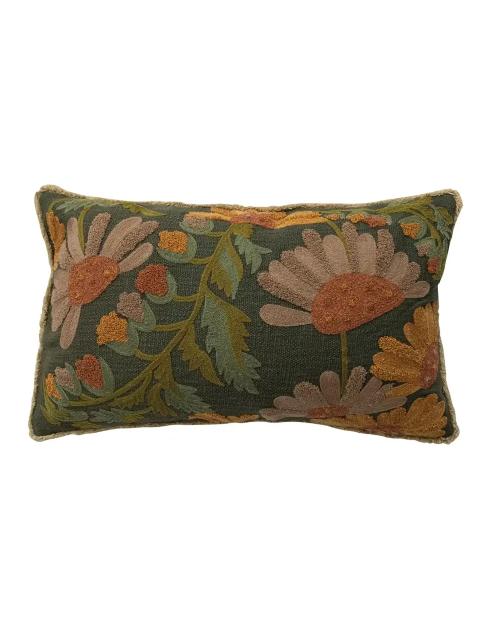 Cotton Slub Embroidered Pillow with Flowers, Fringe & Chambray Back
