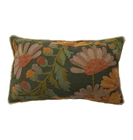 Cotton Slub Embroidered Pillow with Flowers, Fringe & Chambray Back