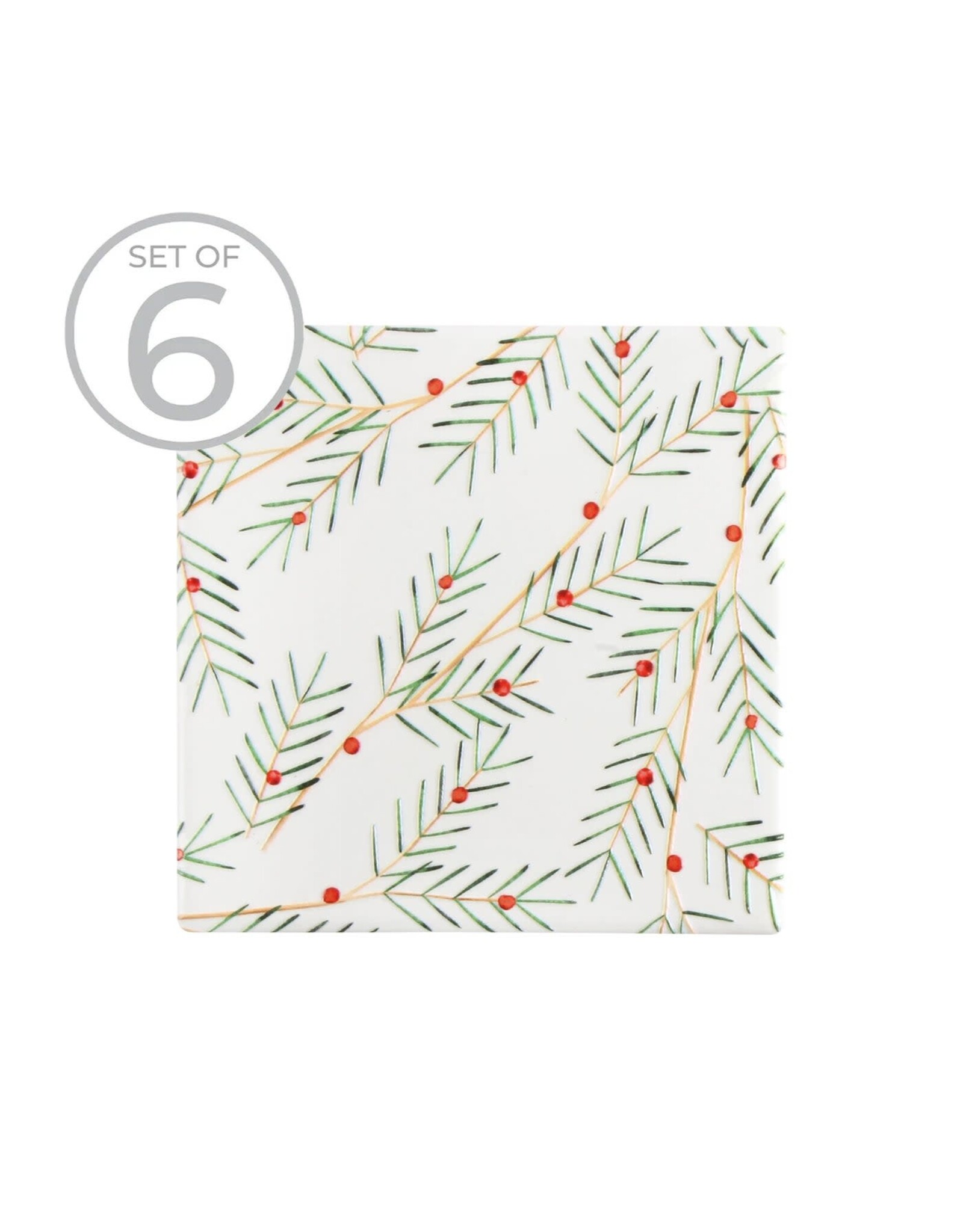 Slim Textured Holly Printed Ceramic Coaster S/6