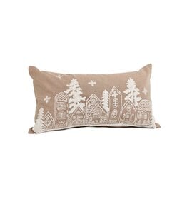 Embroidered Village & Trees Pillow - Natural