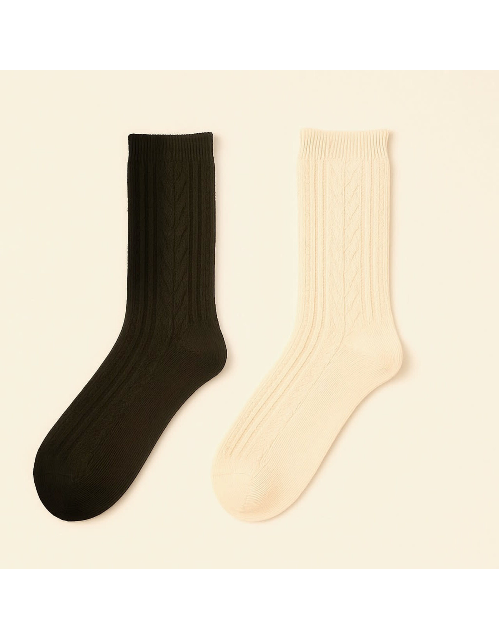 Pika & Bear "D'Arby" Wool Blend Cable Knit Crew Socks In Cream & Black