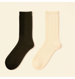 Pika & Bear "D'Arby" Wool Blend Cable Knit Crew Socks In Cream & Black