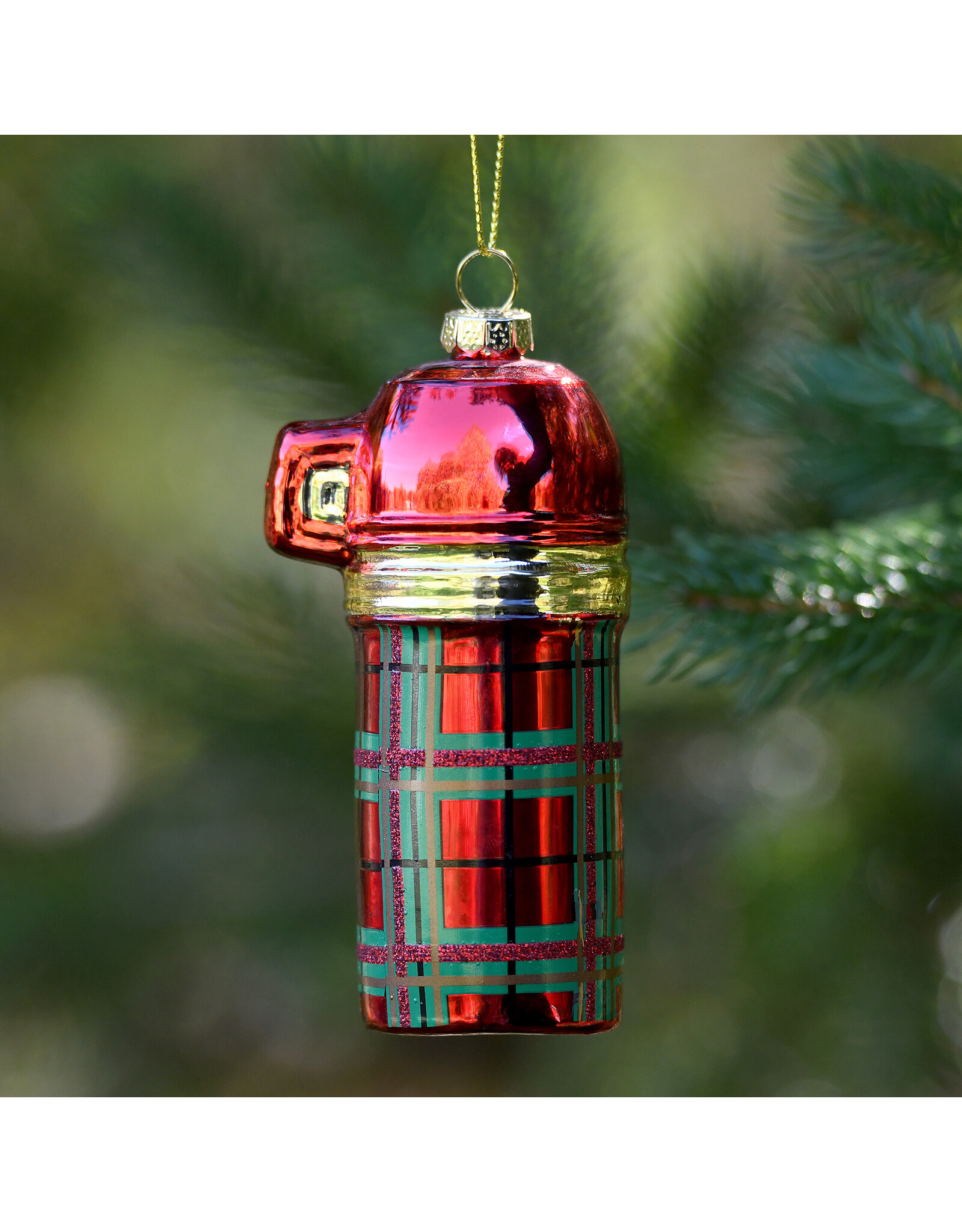 Glass Thermos Ornament with Plaid Pattern