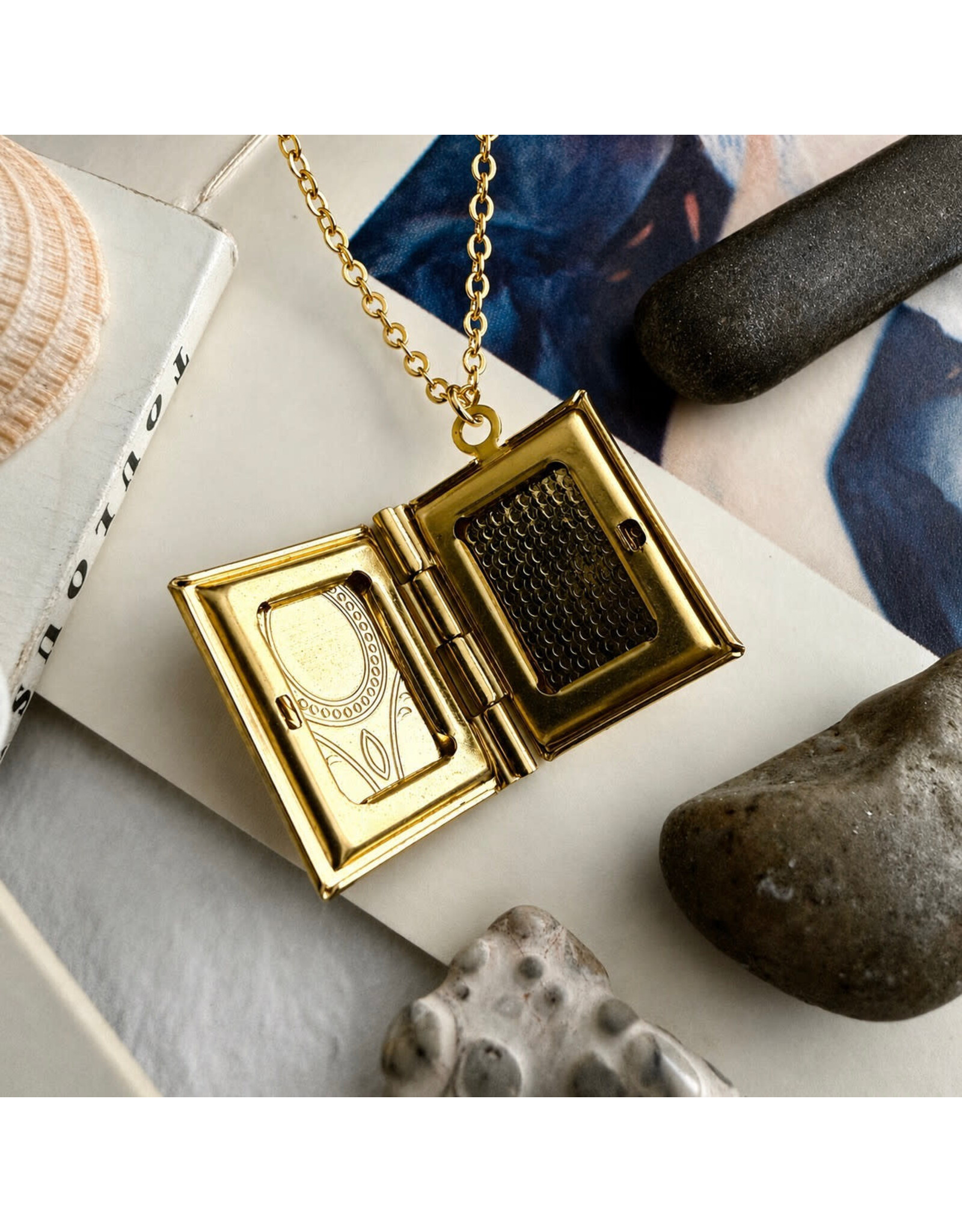 Pika & Bear Bronte Vintage Book Locket Charm Necklace - Raw Brass