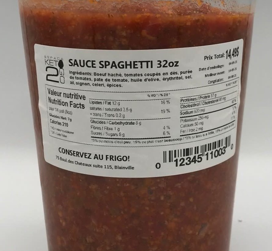 Sauce spaghetti 32 oz Keto / Cétogène (glu: 7.0)