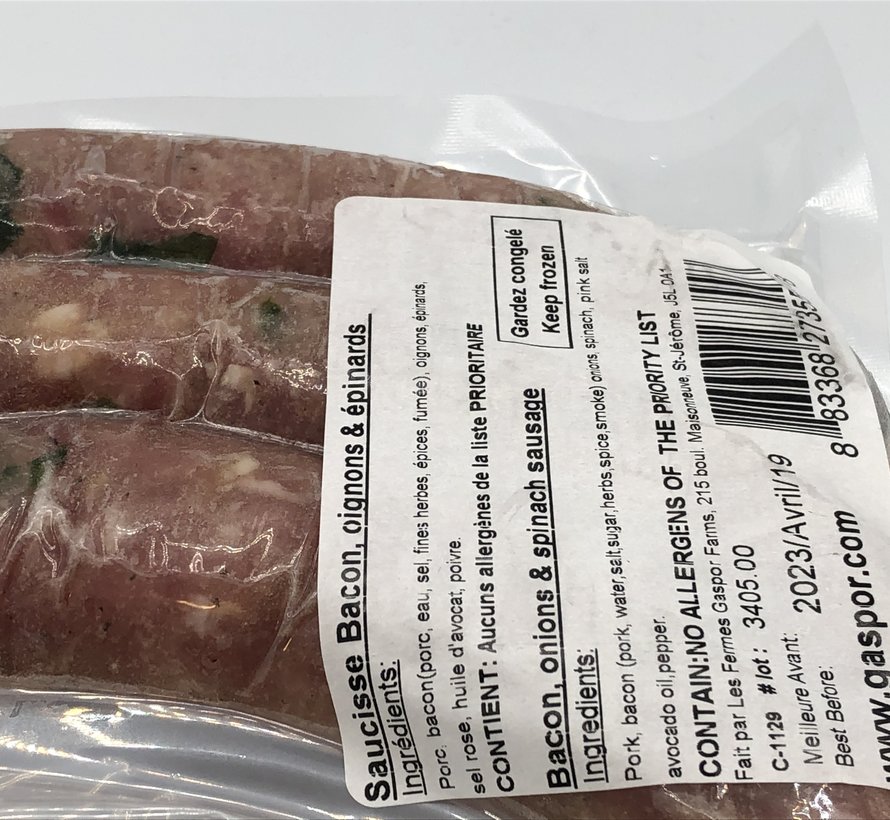 Saucisses artisanales - Sainte Saucisse bacon, oignon caramélisé, épinard