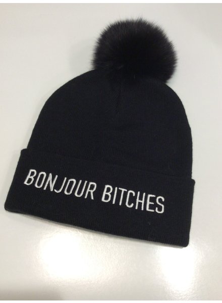 Knit "Bonjour" Hat W/Fox Pom