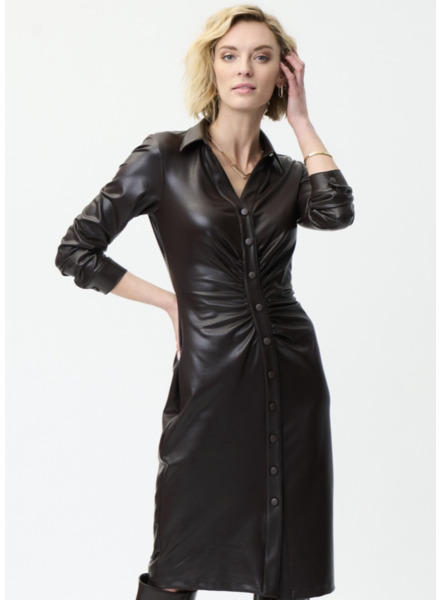 JOSEPH RIBKOFF Long Faux Leather Dress w/Ruching