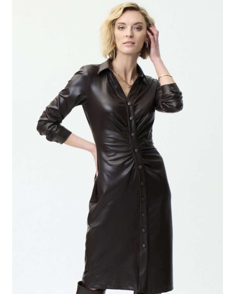 JOSEPH RIBKOFF Long Faux Leather Dress w/Ruching