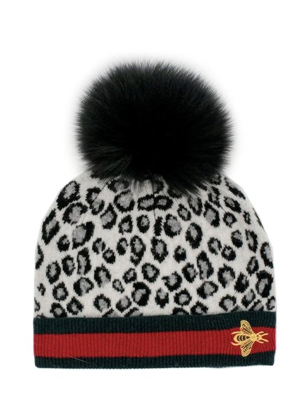 Animal Print Embroidered Bee Hat w/Pom