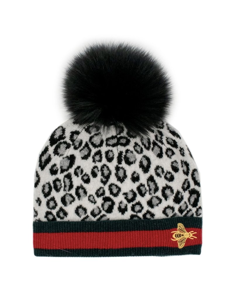 Animal Print Embroidered Bee Hat w/Pom