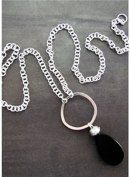 FRAN GREEN EBONY Silver Necklace w/Black Teardrop Pendant