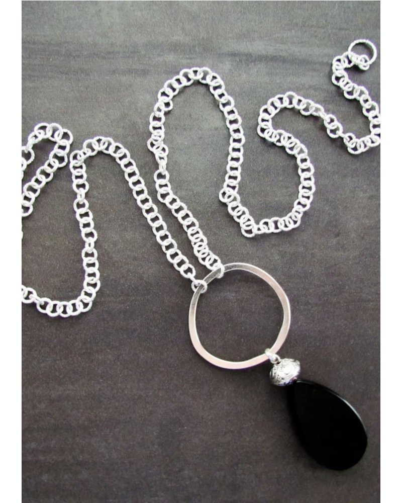 FRAN GREEN EBONY Silver Necklace w/Black Teardrop Pendant