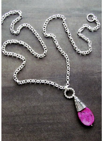 FRAN GREEN RASPBERRY PUNCH Silver Necklace w/Large Oval Fuchsia Ripple Jasper