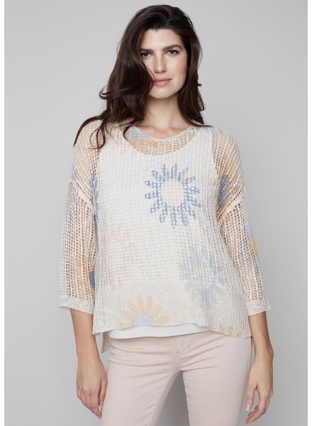 CHARLIE B Printed Fishnet Crochet Sweater