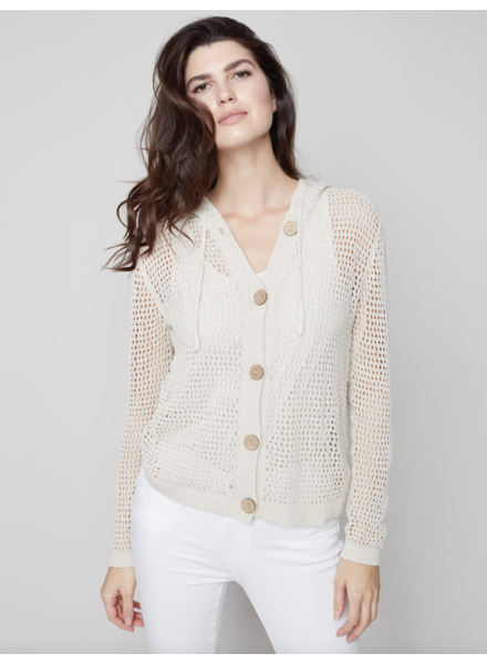 CHARLIE B Picot Knit Hooded Button Up Cardigan