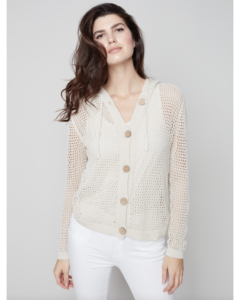 CHARLIE B Picot Knit Hooded Button Up Cardigan