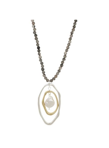 MERX Silver/Gold  & Grey Stone Long Adjustable Necklace