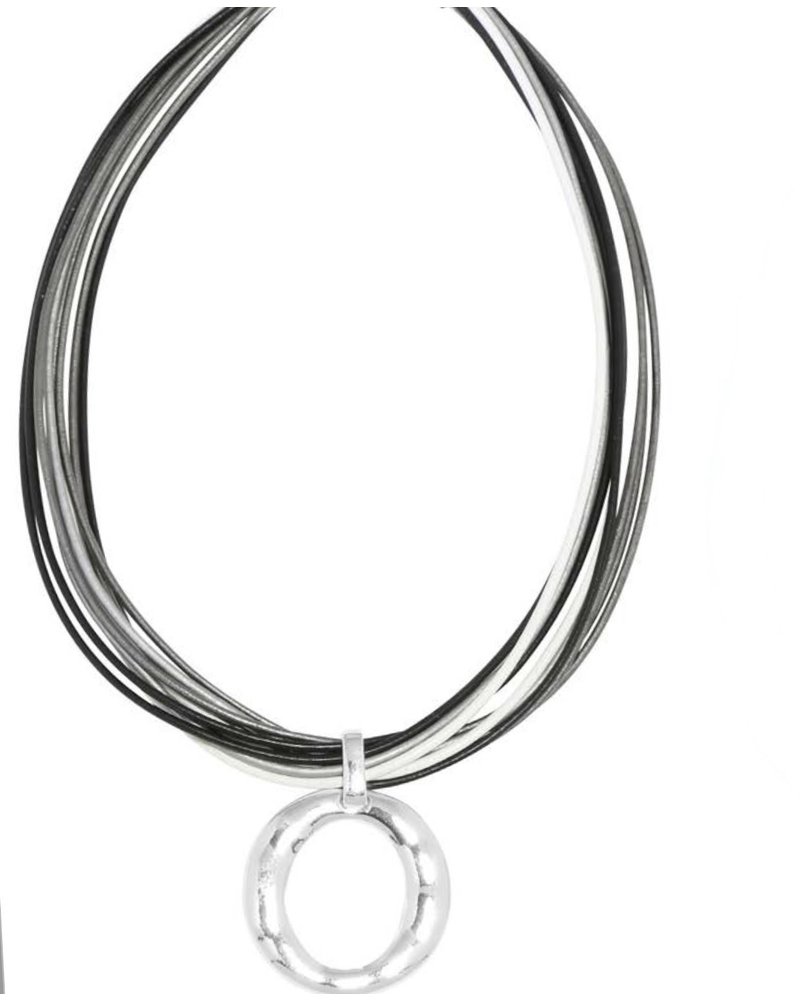 MERX Silver Ring On Black & Grey Leather 45 cm Choker