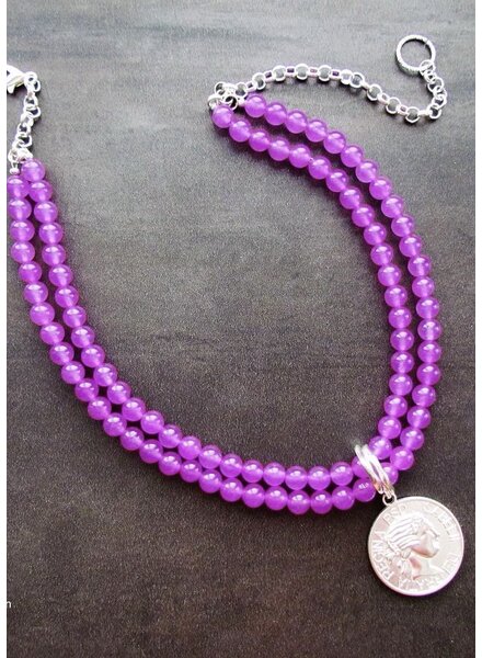FRAN GREEN TRISTAN Rose Violet Dyed Jade 19" Choker w/Silver Plated Coin