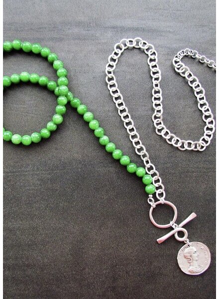 FRAN GREEN VERDE Dyed Jade Beads/Silver Chain w/Silver Coin Pendant 36"