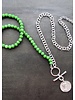 FRAN GREEN VERDE Dyed Jade Beads/Silver Chain w/Silver Coin Pendant 36"