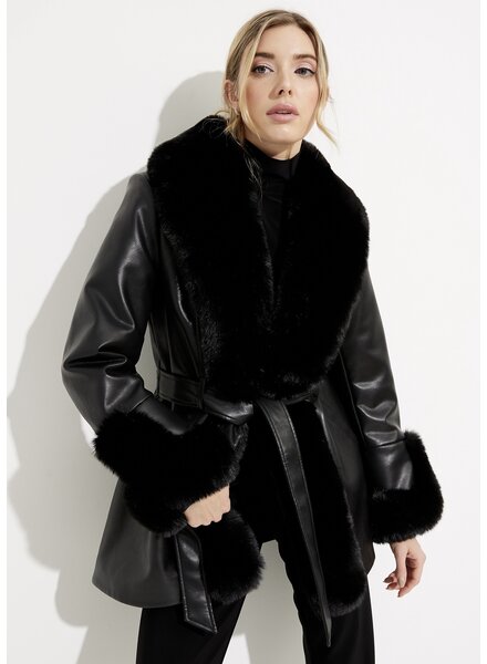 JOSEPH RIBKOFF Leatherette Faux Fur Trim Coat
