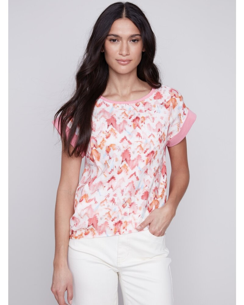 CHARLIE B Printed Linen Knit Combo Top