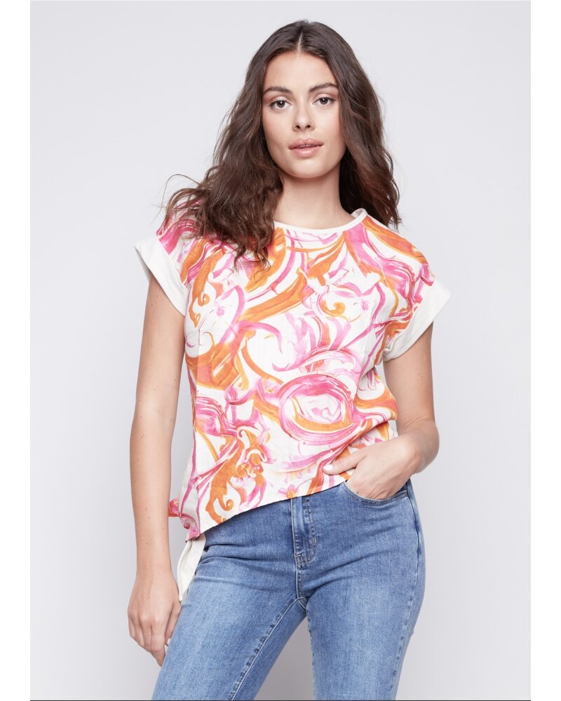 CHARLIE B Printed Linen Knit Combo Top