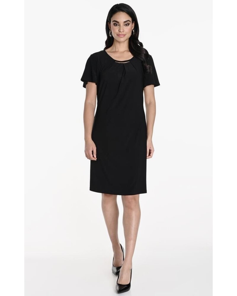 FRANK LYMAN DESIGNS Flutter Sleeve Round Neck Dress w/Gold Neck Detail