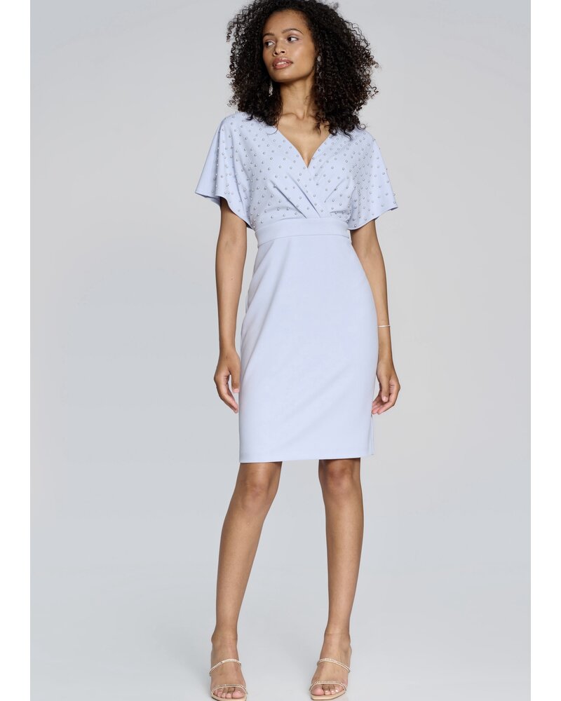 JOSEPH RIBKOFF Pearl Bodice Wrap Front Dress