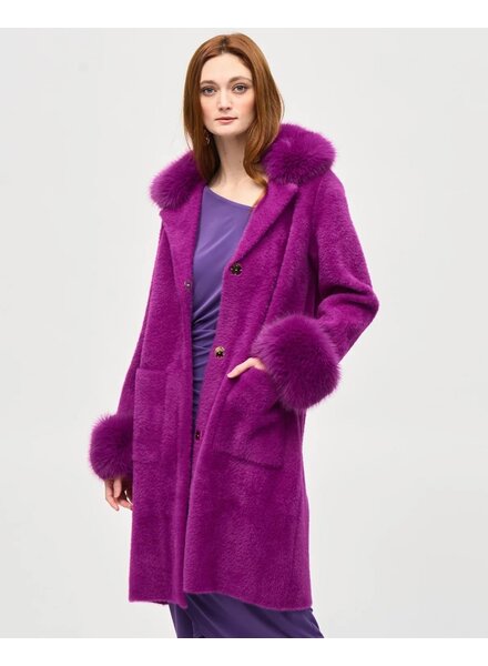 JOSEPH RIBKOFF Feather Yarn Faux Fur Trim Sweater Coat
