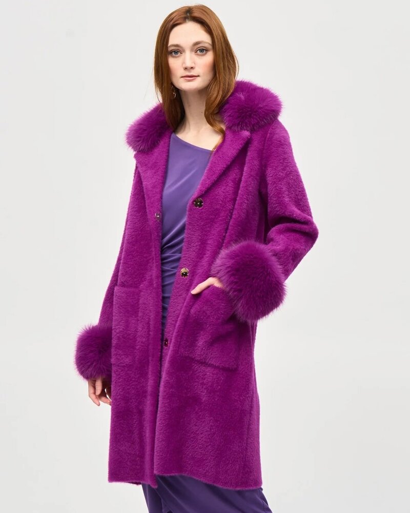 JOSEPH RIBKOFF Feather Yarn Faux Fur Trim Sweater Coat