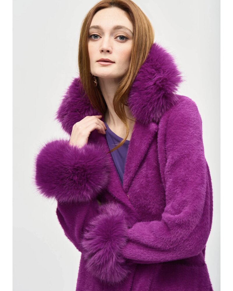 JOSEPH RIBKOFF Feather Yarn Faux Fur Trim Sweater Coat