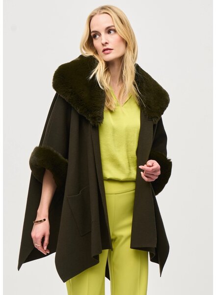 JOSEPH RIBKOFF Brushed Jacquard Cape w/Faux Fur Trim