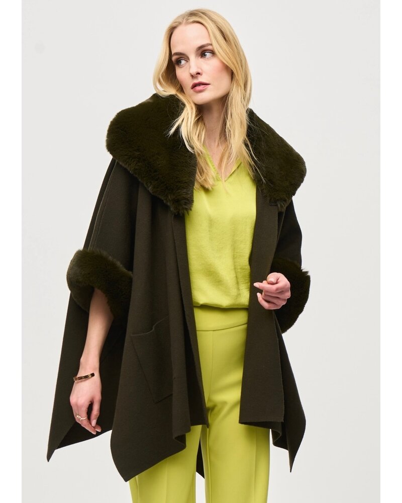 JOSEPH RIBKOFF Brushed Jacquard Cape w/Faux Fur Trim