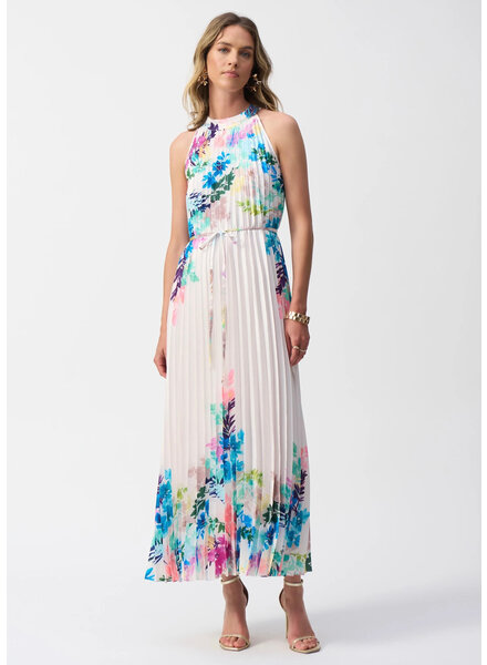 JOSEPH RIBKOFF Pleated Satin Floral Print Maxi Dress