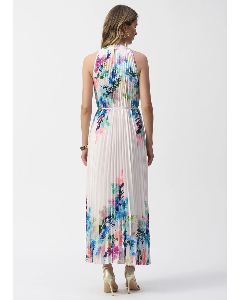 JOSEPH RIBKOFF Pleated Satin Floral Print Maxi Dress