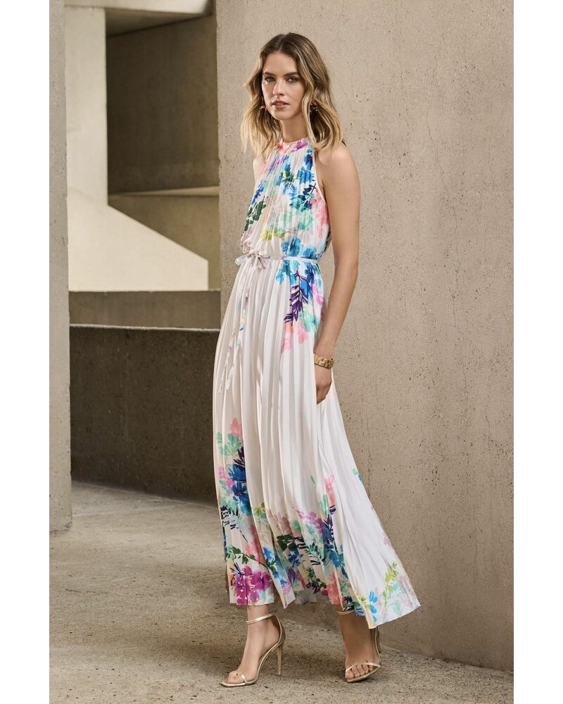 JOSEPH RIBKOFF Pleated Satin Floral Print Maxi Dress
