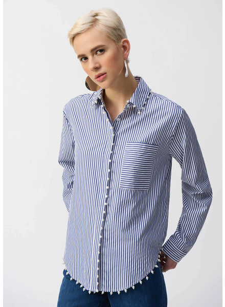 JOSEPH RIBKOFF Striped Cotton Blouse w/Pearls
