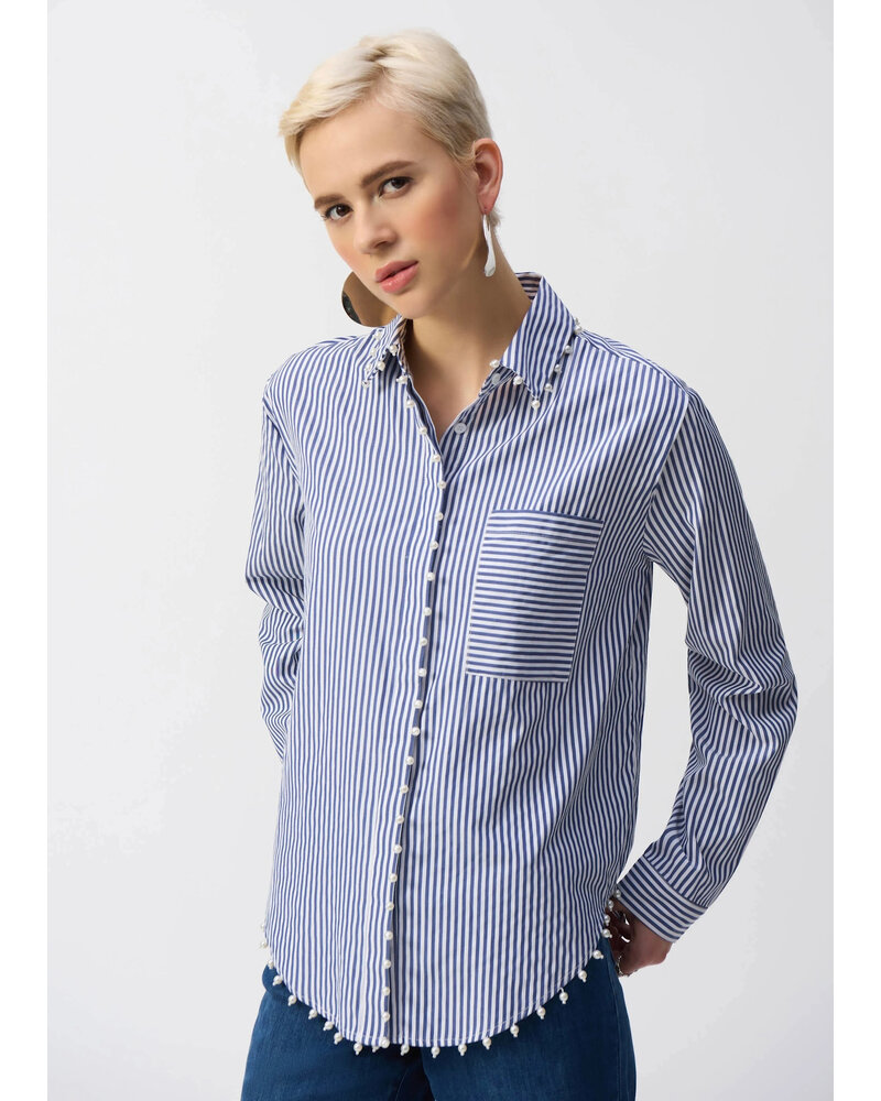 JOSEPH RIBKOFF Striped Cotton Blouse w/Pearls