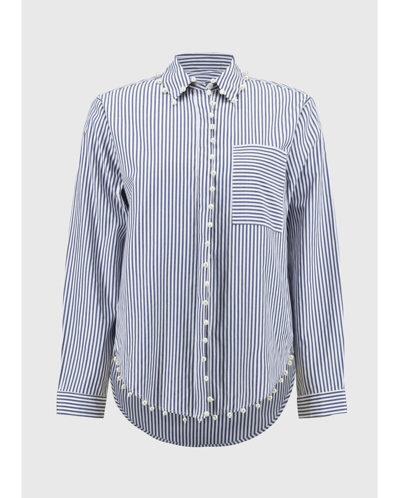 JOSEPH RIBKOFF Striped Cotton Blouse w/Pearls