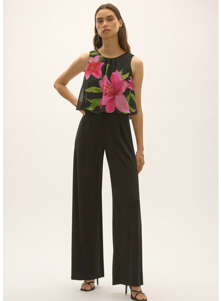 JOSEPH RIBKOFF Silky Knit and Floral Chiffon Wide Leg Jumpsuit