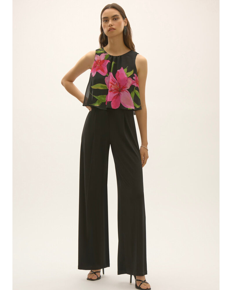 JOSEPH RIBKOFF Silky Knit and Floral Chiffon Wide Leg Jumpsuit