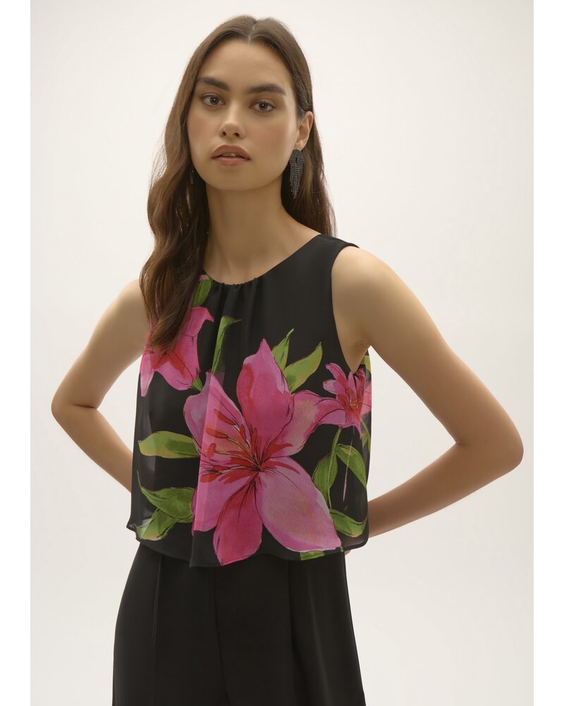 JOSEPH RIBKOFF Silky Knit and Floral Chiffon Wide Leg Jumpsuit