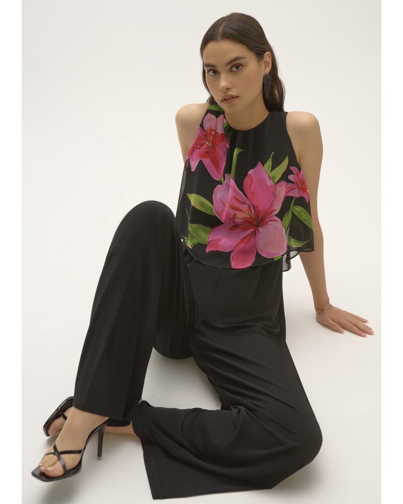 JOSEPH RIBKOFF Silky Knit and Floral Chiffon Wide Leg Jumpsuit